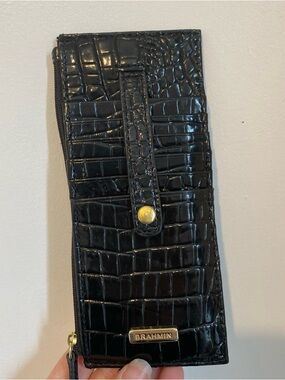 Brahmin Black Croc-Embossed Zip Wallet with Gold Accent